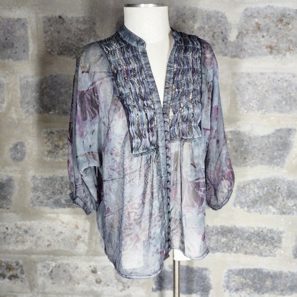 Jeans by BUFFALO sz L petite sheer button front 3/4 sleeve blouse - Picture 1 of 5